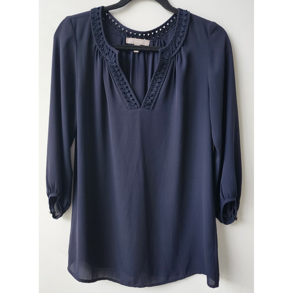 Banana Republic Navy Blue Chiffon Lattice Trim V-Neck Blouse 3/4 Sleeve Small